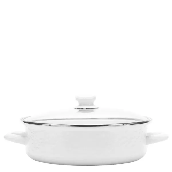 Golden Rabbit Enamelware 5 qt. Porcelain-Coated Steel Saute Pan in Solid White with Glass Lid