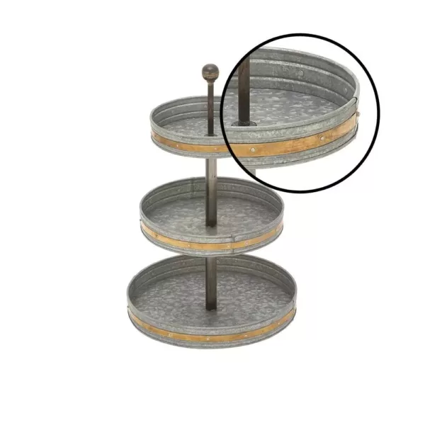LITTON LANE 24 in. 3-Tiered Round Gray Iron Tray Stand with Copper Band Accents