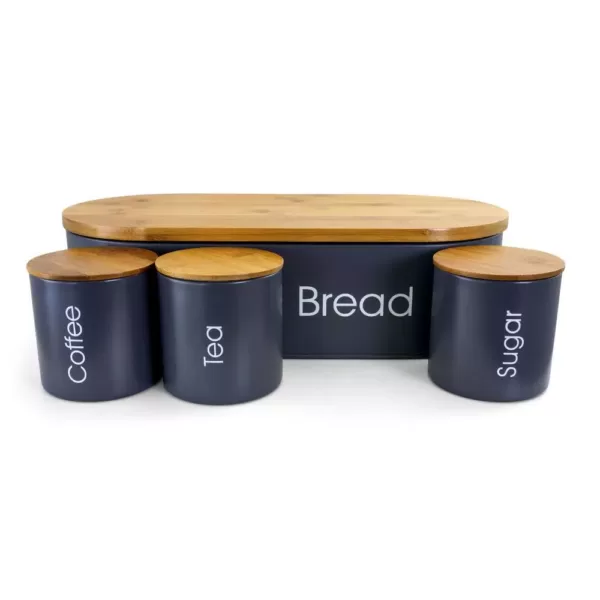 MegaChef 4-Piece in Gray with Lids Bamboo Kitchen Countertop Metal Bread Basket and Canister Set