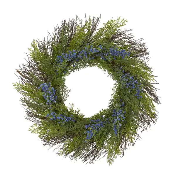 Nearly Natural 21 in. Cedar with Blue Berries Artificial Wreath
