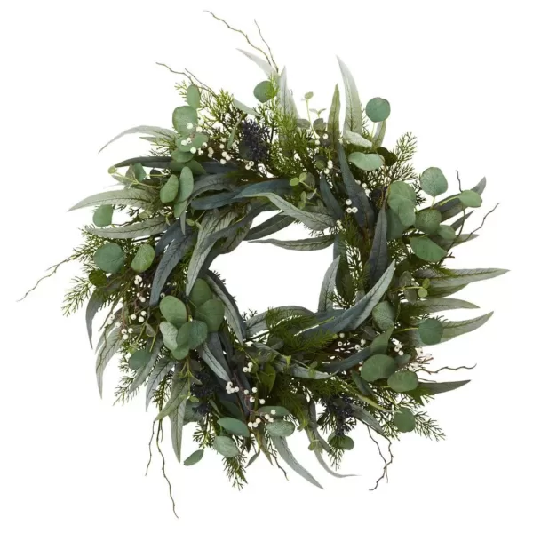 Nearly Natural 24 in. Indoor Eucalyptus and Mixed Greens Artificial Wreath