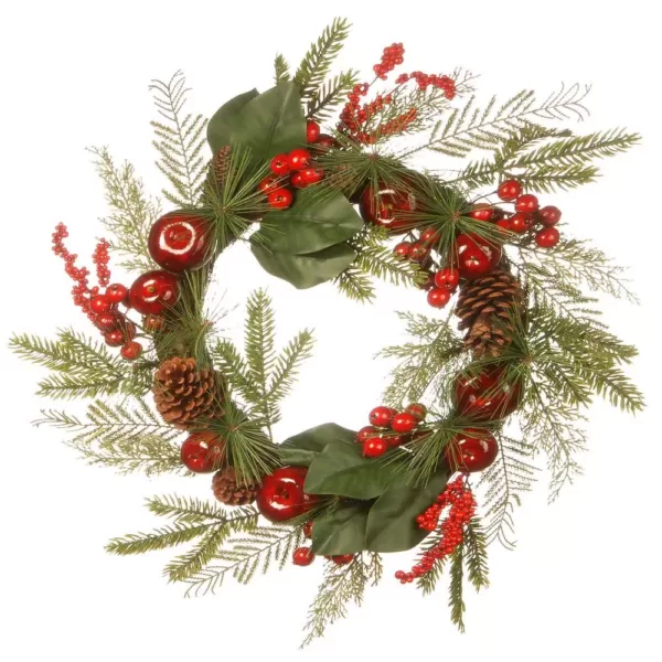 National Tree Company 24 in. Magnolia Leaves, Berries, Pine Cones and Apples Wreath
