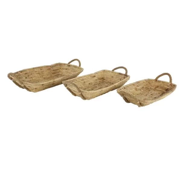 LITTON LANE Soft Gray Water Hyacinth, Seagrass, and Rope Decorative Wicker Trays with Handles (Set of 3)