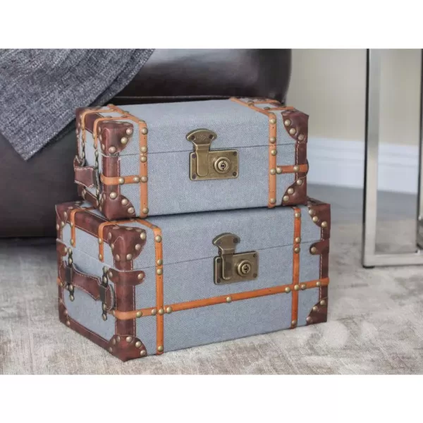 LITTON LANE Globetrotter Wood Fabric Boxes with Brown Leather Accents (Set of 2)