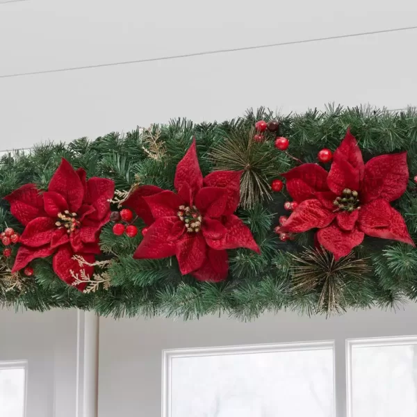 Home Accents Holiday 17 ft. Burgundy Poinsettia Mixed Pine Garland with Berries and Gold Glitter Cedar