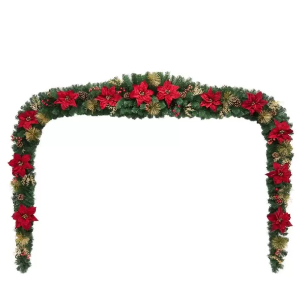 Home Accents Holiday 17 ft. Burgundy Poinsettia Mixed Pine Garland with Berries and Gold Glitter Cedar