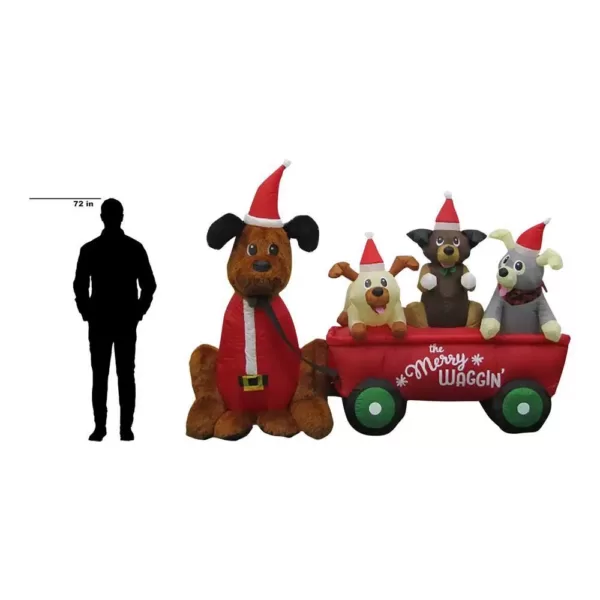 Home Accents Holiday 7 ft. W Pre-Lit Life Size Inflatable Wagon with Christmas Puppies Scene