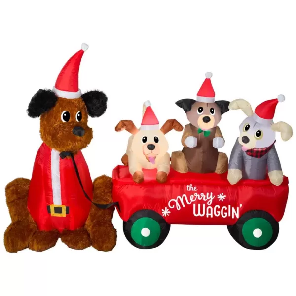 Home Accents Holiday 7 ft. W Pre-Lit Life Size Inflatable Wagon with Christmas Puppies Scene