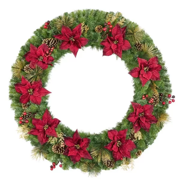Home Accents Holiday 48 in. Burgundy Poinsettia Mixed Pine Wreath with Berries, Gold Glitter Cedar and Pinecone