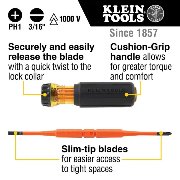 Klein Tools 2-in-1 Insulated Flip-Blade Screwdriver, #1 Phillips, 3/16 in. Slotted