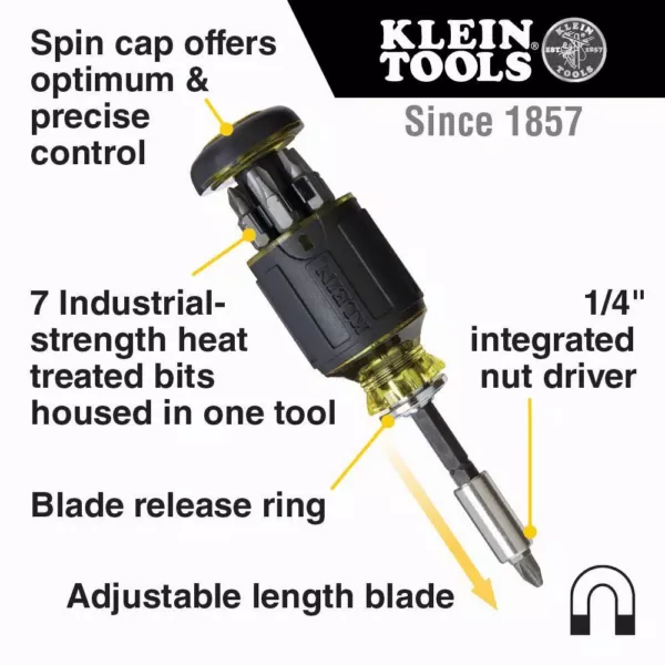 Klein Tools 8-in-1 Multi-Bit Adjustable Length Stubby Screwdriver
