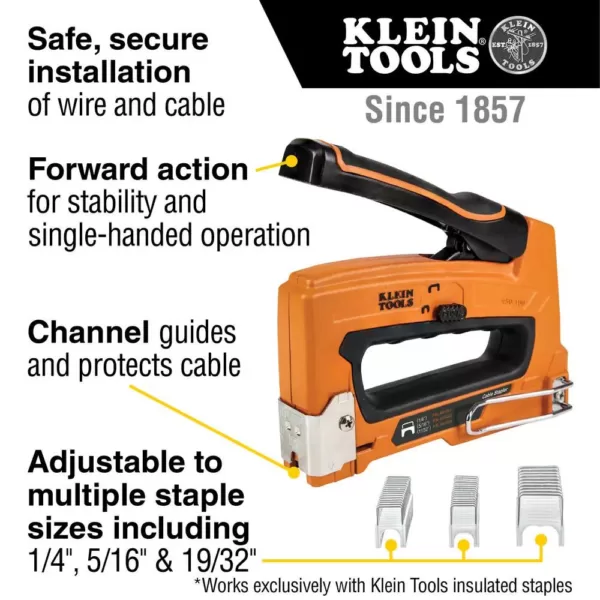 Klein Tools Loose Cable Stapler with 19/32 in. x 11/32 in. Insulated Staples (300-Pack)