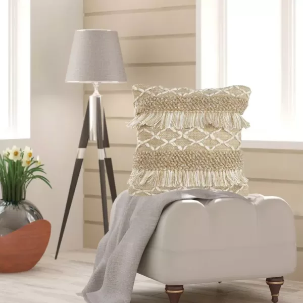 LR Home 20 in. x 20 in. Rustic Beige/White Neutral Fringe Geometric Standard Throw Pillow