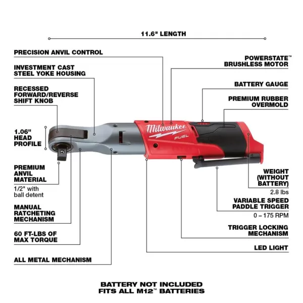 Milwaukee M12 FUEL 12-Volt Lithium-Ion Brushless Cordless 1/2 in. Ratchet (Tool-Only)