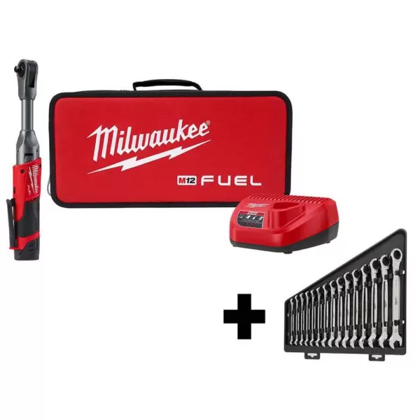 Milwaukee M12 FUEL 12-Volt Lithium-Ion Brushless Cordless 3/8 in. Extended Reach Ratchet Kit with Metric Ratcheting Wrench Set