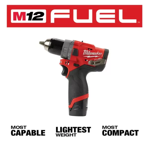 Milwaukee M12 FUEL 12-Volt Lithium-Ion Brushless Cordless 1/2 in. Hammer Drill Kit with 2.0 Ah Battery and Bag