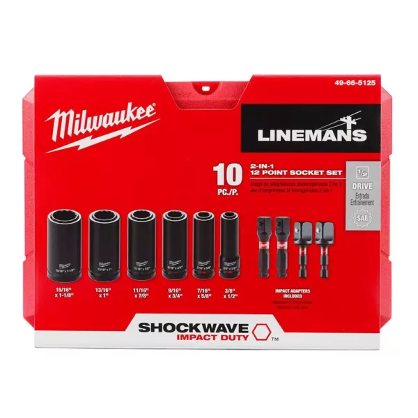 Milwaukee SHOCKWAVE Lineman's 1/2 in. Drive 2-in-1 12-Point Socket Set (10-Piece)