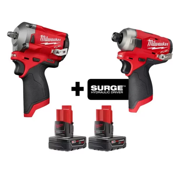 Milwaukee M12 FUEL 12-Volt Lithium-Ion Brushless Cordless Stubby 3/8 in. Impact Wrench and Impact Driver W/two 3.0 Ah Batteries