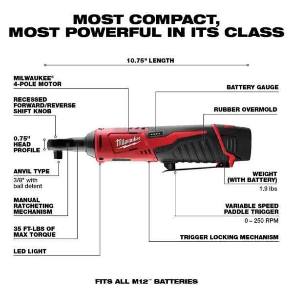Milwaukee M12 FUEL 12-Volt Lithium-Ion Brushless Cordless 4-in-1 Installation 3/8 in. Drill Driver Kit W/ M12 3/8 in. Ratchet