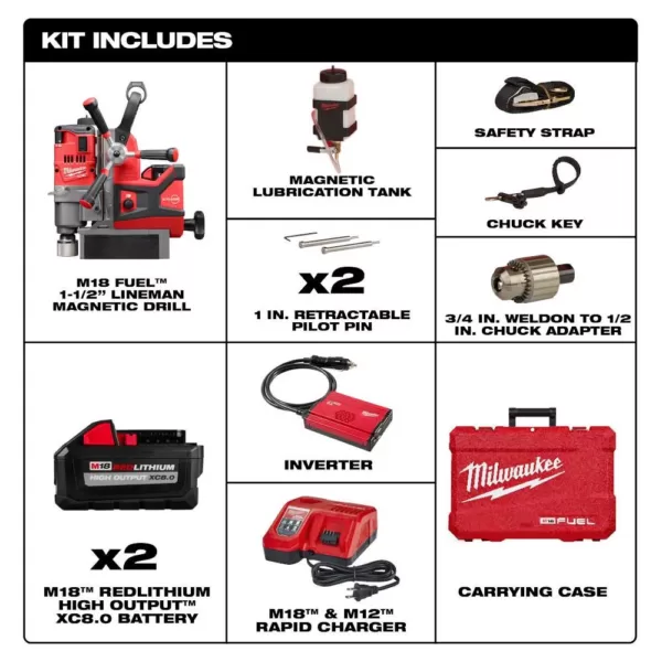 Milwaukee M18 FUEL 18-Volt Lithium-Ion Brushless Cordless 1-1/2 in. Lineman Magnetic Drill High Demand Kit W/(2) 8.0Ah Batteries