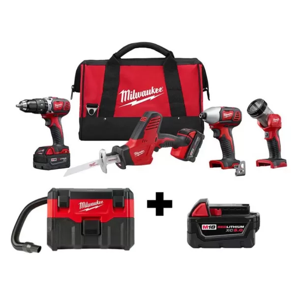 Milwaukee M18 18-Volt Lithium-Ion Cordless Combo Tool Kit (4-Tool) w/ Wet/Dry Vacuum and Additional 5.0Ah Battery