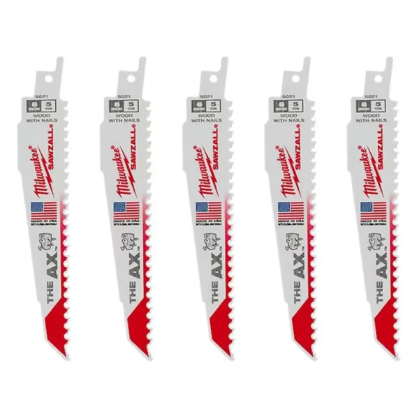Milwaukee 6 in. 5 TPI AX Nail Embedded Wood Cutting SAWZALL Reciprocating Saw Blades (5-Pack)
