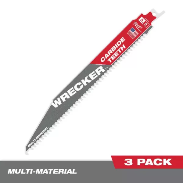 Milwaukee 9 in. 6 TPI WRECKER Carbide Teeth Multi-Material Cutting SAWZALL Reciprocating Saw Blade (3-Pack)