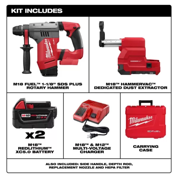 Milwaukee M18 FUEL 18-Volt Lithium-Ion Brushless Cordless 1-1/8 in. SDS-Plus Rotary Hammer W/Dust Extractor, (2) 5.0Ah Batteries