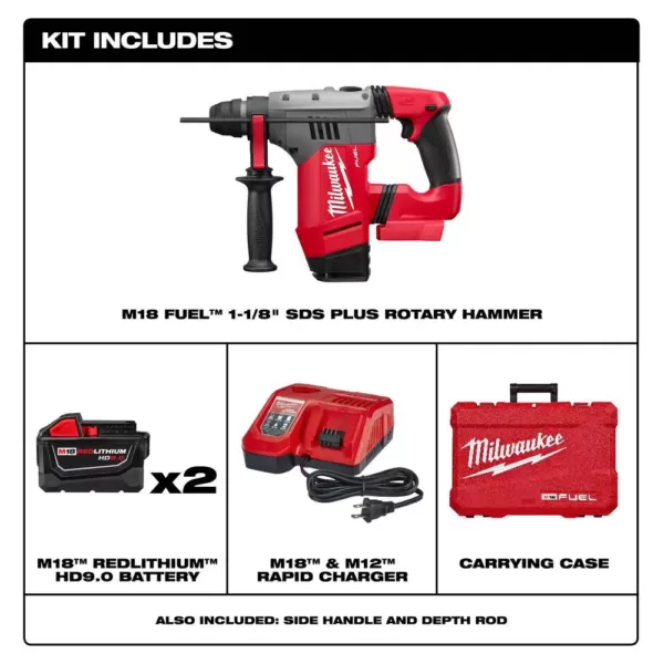 Milwaukee M18 FUEL 18-Volt Lithium-Ion Brushless Cordless 1-1/8 in. SDS-Plus Rotary Hammer Kit W/(2) 9.0Ah Batteries,Rapid Charger