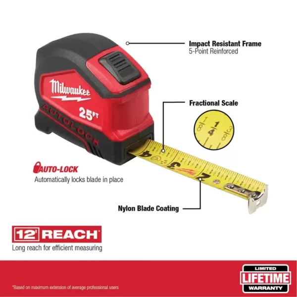 Milwaukee 25 ft. x 1.3 in. W Blade Tape Measure with 14 ft. Standout with 16 ft. Compact Auto Lock Tape Measure