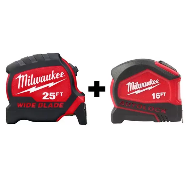 Milwaukee 25 ft. x 1.3 in. W Blade Tape Measure with 14 ft. Standout with 16 ft. Compact Auto Lock Tape Measure