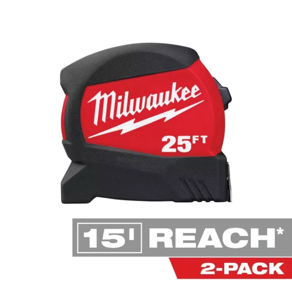 Milwaukee 25 ft. x 1.2 in. Compact Wide Blade Tape Measure with 15 ft. Reach (2-Pack)