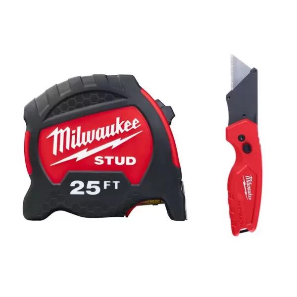 Milwaukee 25 ft. x 1.3 in. Gen II STUD Tape Measure with 14 ft. Standout with Fastback Compact Folding Utility Knife