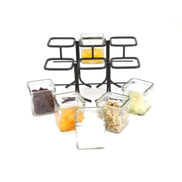 Mind Reader 48 oz. 6-Compartment Black Metal Condiment Server Jar Stand, Garnish Station for Restaurant, Bars, Removable Jars