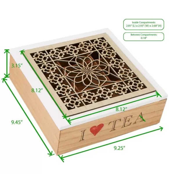 Mind Reader Brown Tea Box Storage Holder with Wood Floral Pattern
