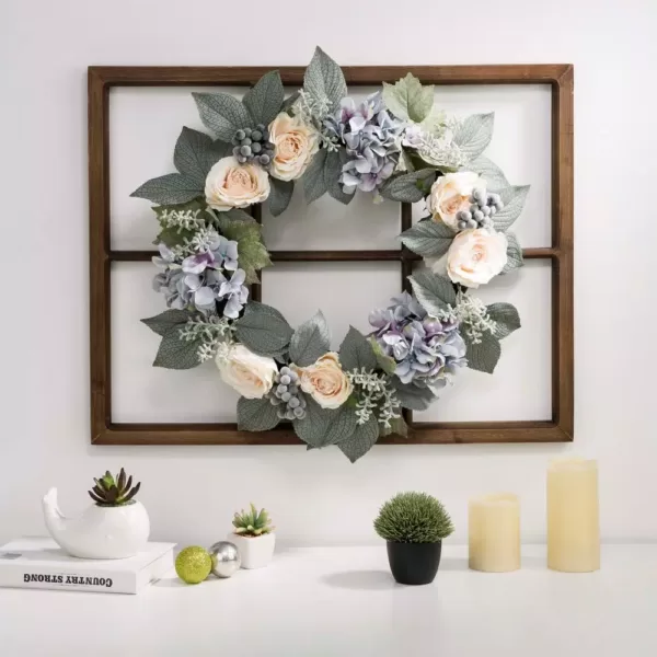 Glitzhome 22 in. Dia Hydrangea Rose Wreath with 28 in. H Wooden Window Frame