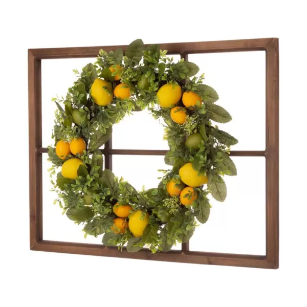 Glitzhome 28 in. Wooden Window Frame with 22 in. Greenery Lemon Wreath