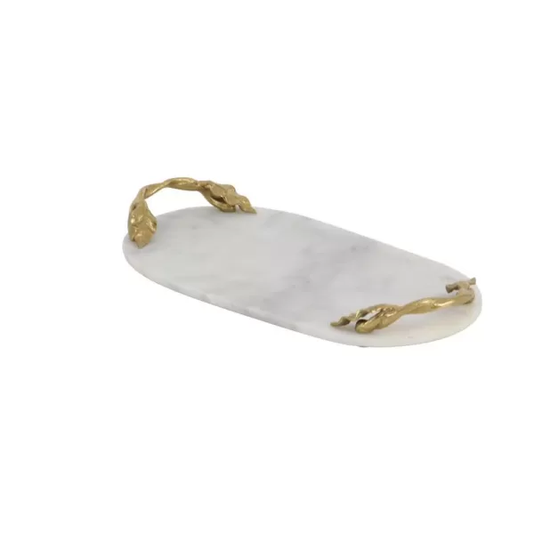 LITTON LANE 20 in. W x 2 in. H White Marble Oval Decorative Tray with Gold Leaf-and-Vine-Shaped End Handles