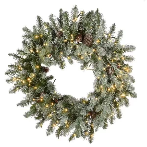National Tree Company 24 in. Artificial Christmas Feel Real Snowy Morgan Spruce Wreath with 200 Dual Color LED Cosmic Lights