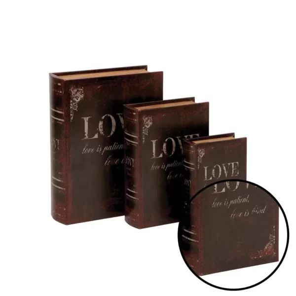 LITTON LANE Vintage Rectangular Wood and Faux Leather "Love" Book Boxes (Set of 3)