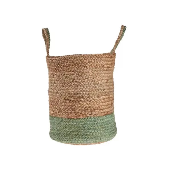 LR Home Wise Braided Natural Jute Green Decorative Basket with Handles
