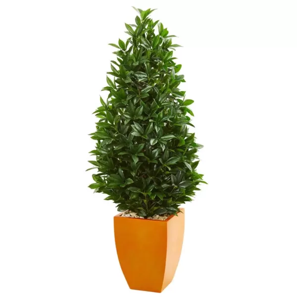Nearly Natural Indoor/Outdoor 57-In. Bay Leaf Artificial Topiary Tree in Orange Planter