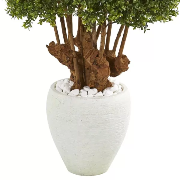 Nearly Natural Indoor/Outdoor 41 In. Boxwood Artificial Topiary Tree in White Planter