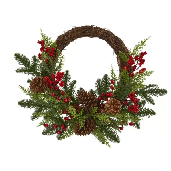 Nearly Natural 22in. Mixed Pine and Cedar with Berries and Pine Cones Artificial Wreath