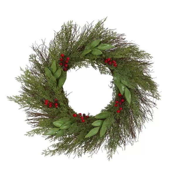Nearly Natural 20in. Cedar and Ruscus with Berries Artificial Wreath