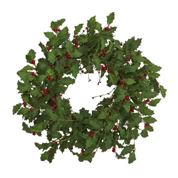 Nearly Natural 28 in. Holly Berry Artificial Wreath