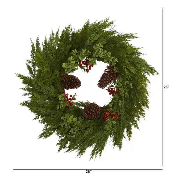 Nearly Natural 26 in. Cypress with Berries and Pine Cones Artificial Wreath