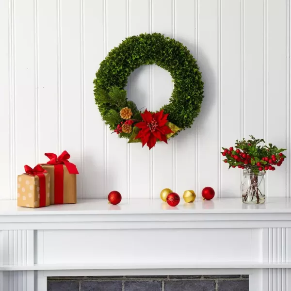 Nearly Natural 18 in. Tea Leaf Poinsettia and Pine Artificial Wreath