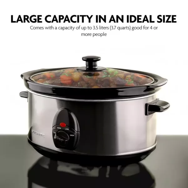 Ovente 3.7 Qt. Stainless Steel Electric Slow Cooker with Heat-Tempered Glass Lid, Adjustable Temperature Control, (SLO35ABR)
