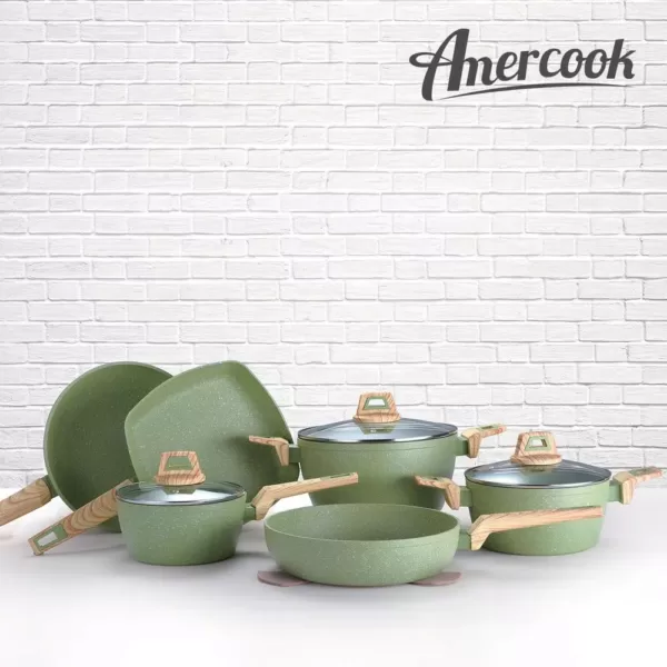 AMERCOOK Olive Stone 3 qt. Round Casserole Dish in Avocado Green with Glass Lid